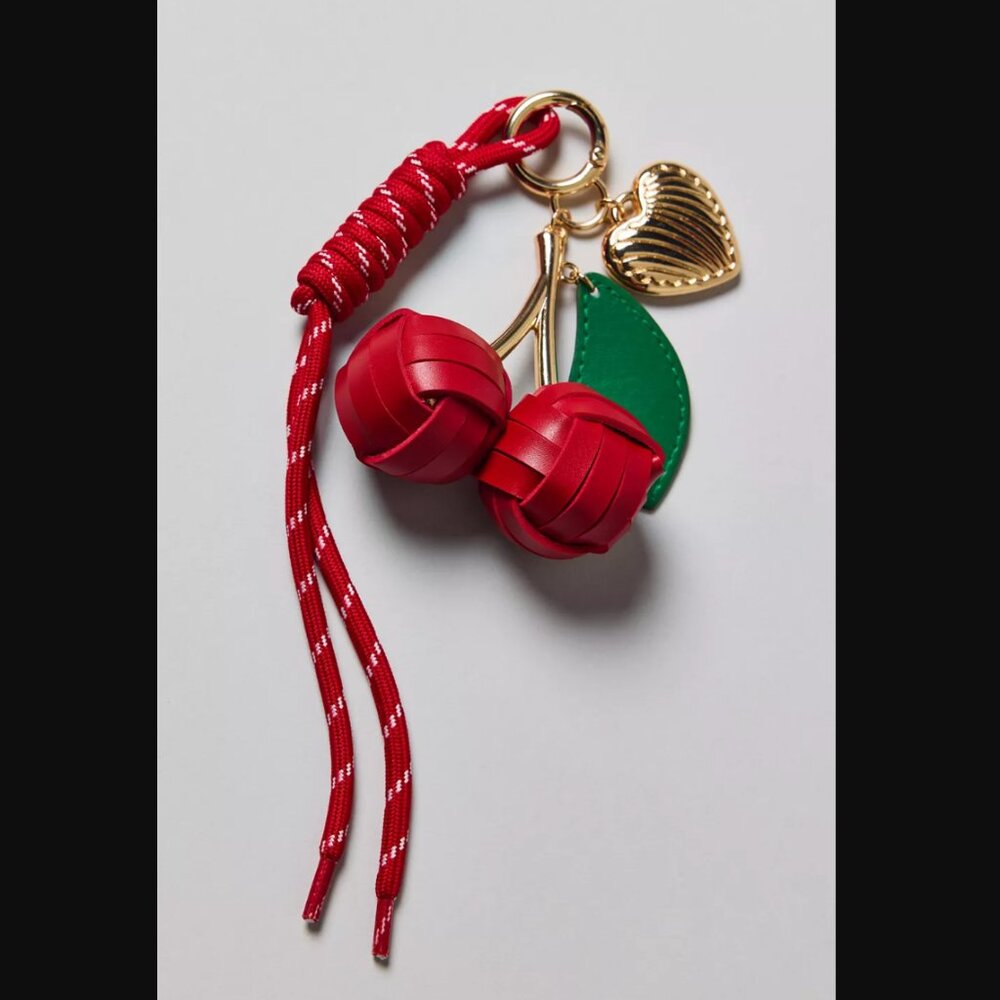 Urban Outfitters Leather Red Cherry w. Green Leaf on Gold Stem w. Rope Keychain - Picture 2 of 2